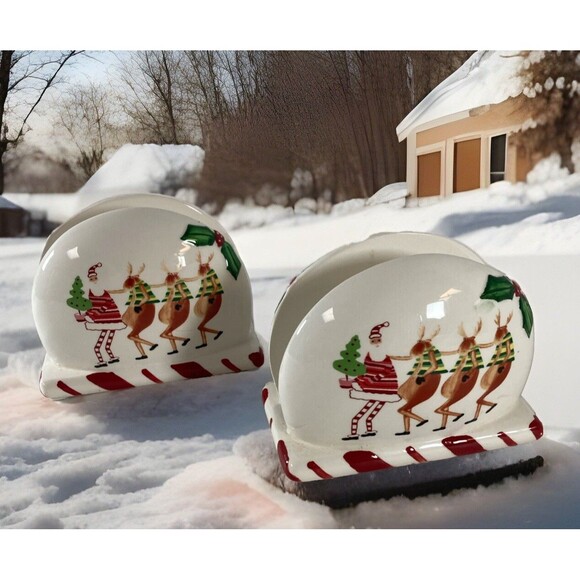 Other - Collections Santa Reindeer Napkin Holder Set Of 2 Holly Tree Candy Cane Vintage